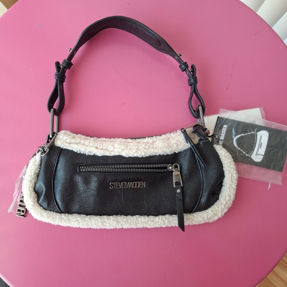 Steve Madden Womens BSLOANE2 Shoulder Bag Black Faux Leather Faux Fur Trim NWT